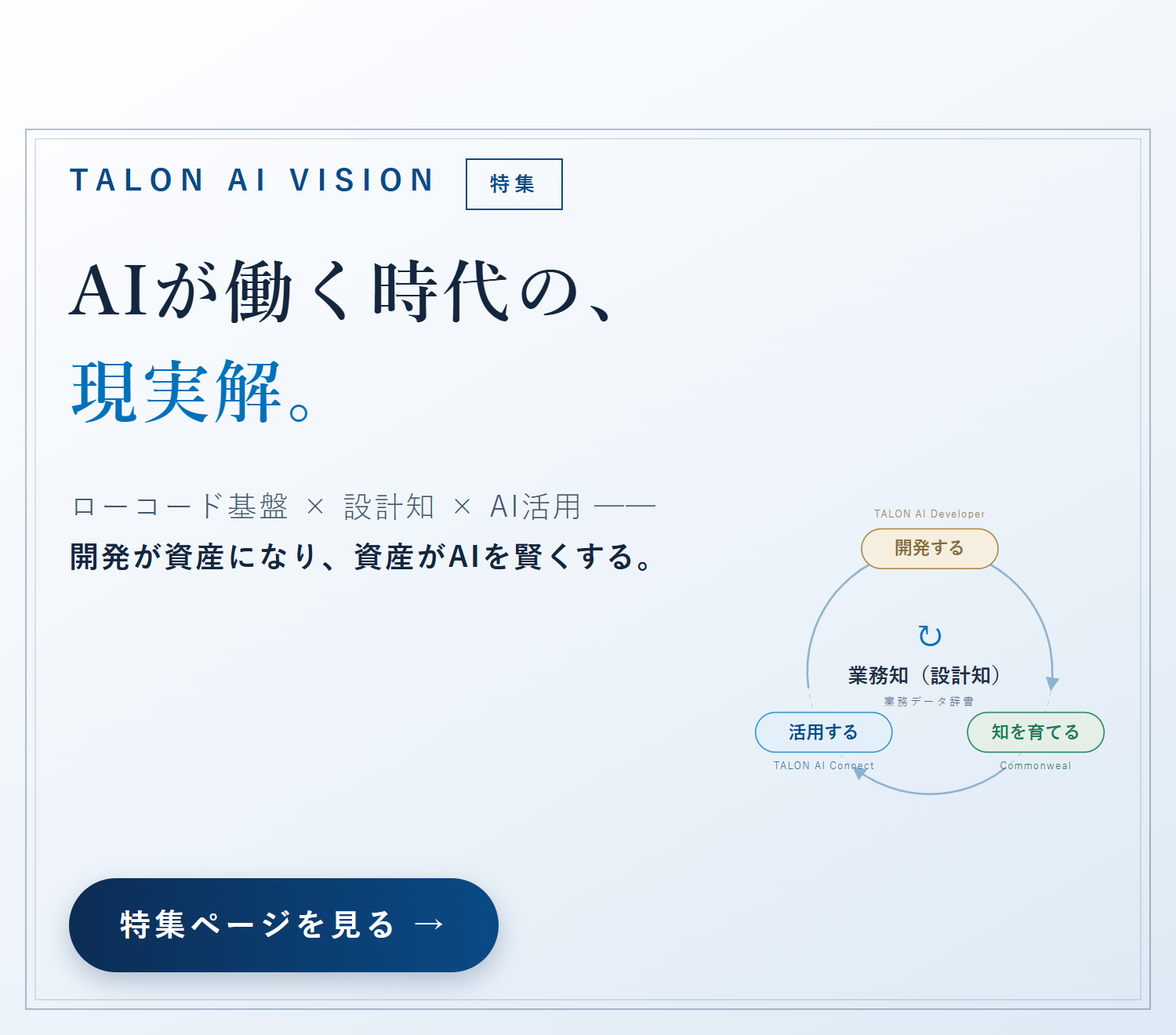 TALON AI VISION特集 ── AIが働く時代の、現実解。ローコード基盤×設計知×AI活用。開発が資産になり、資産がAIを賢くする。